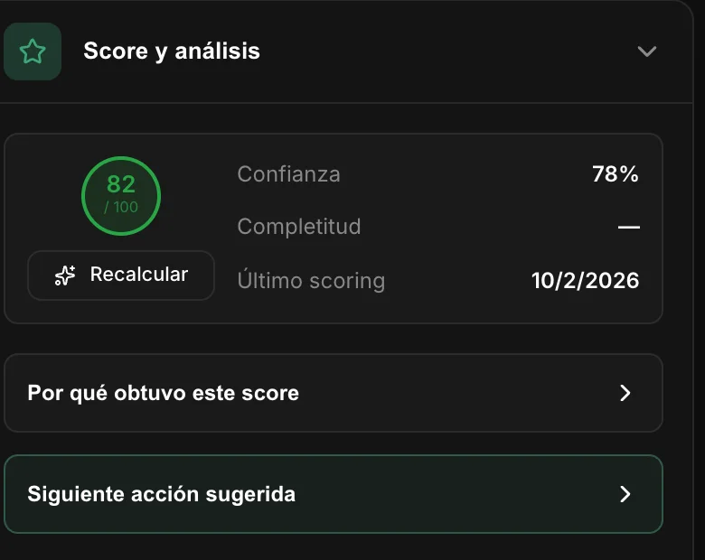 Score del prospecto: 82 de 100 con 78 % de confianza